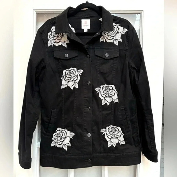 LuLaRoe | Jaxon Black w/ Grey Embroidered Roses Denim Jean Jacket Size L NWOT - Picture 1 of 10